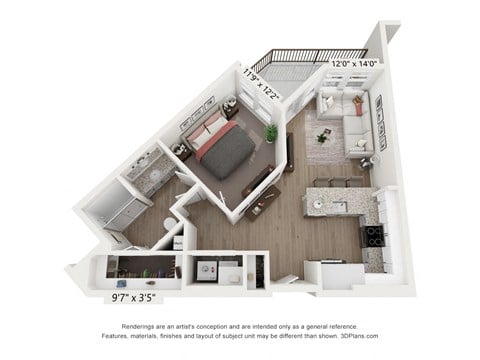 Floor plan for 1 bed, 1 bath, 680 sqft